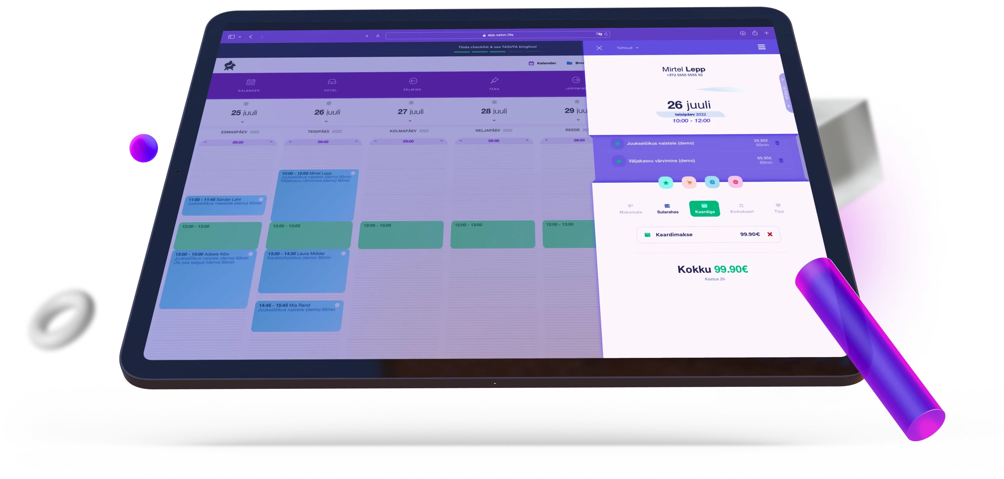 A tablet, where SalonLife software is open on calendar page and with an open booking popup.