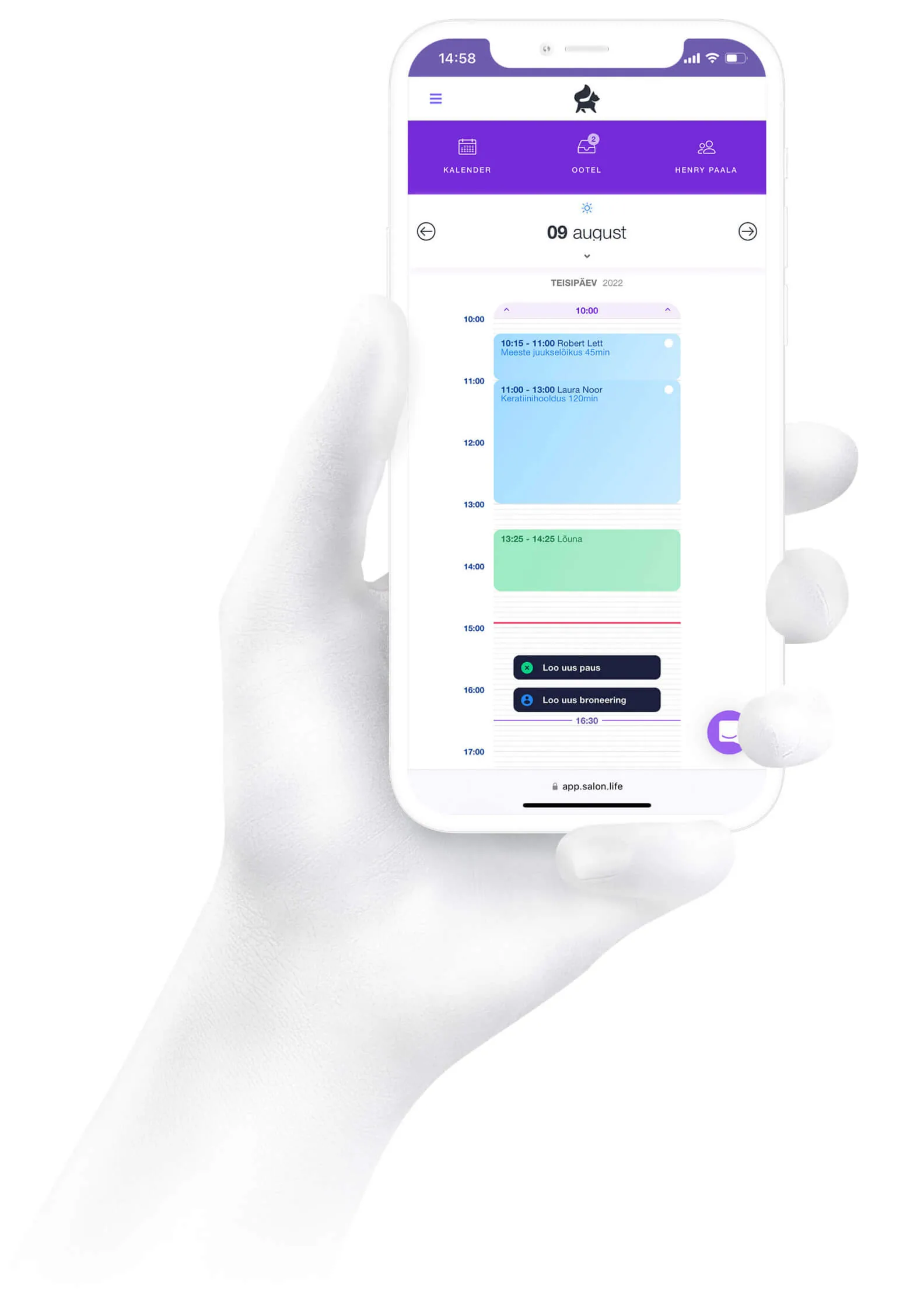 Online booking software visible in a white iphone