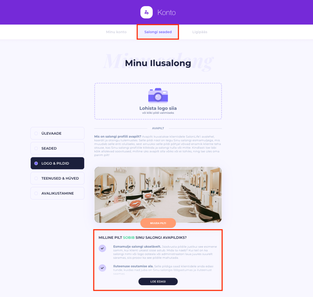 Image 2: SalonLife.com marketplace profile set-up page